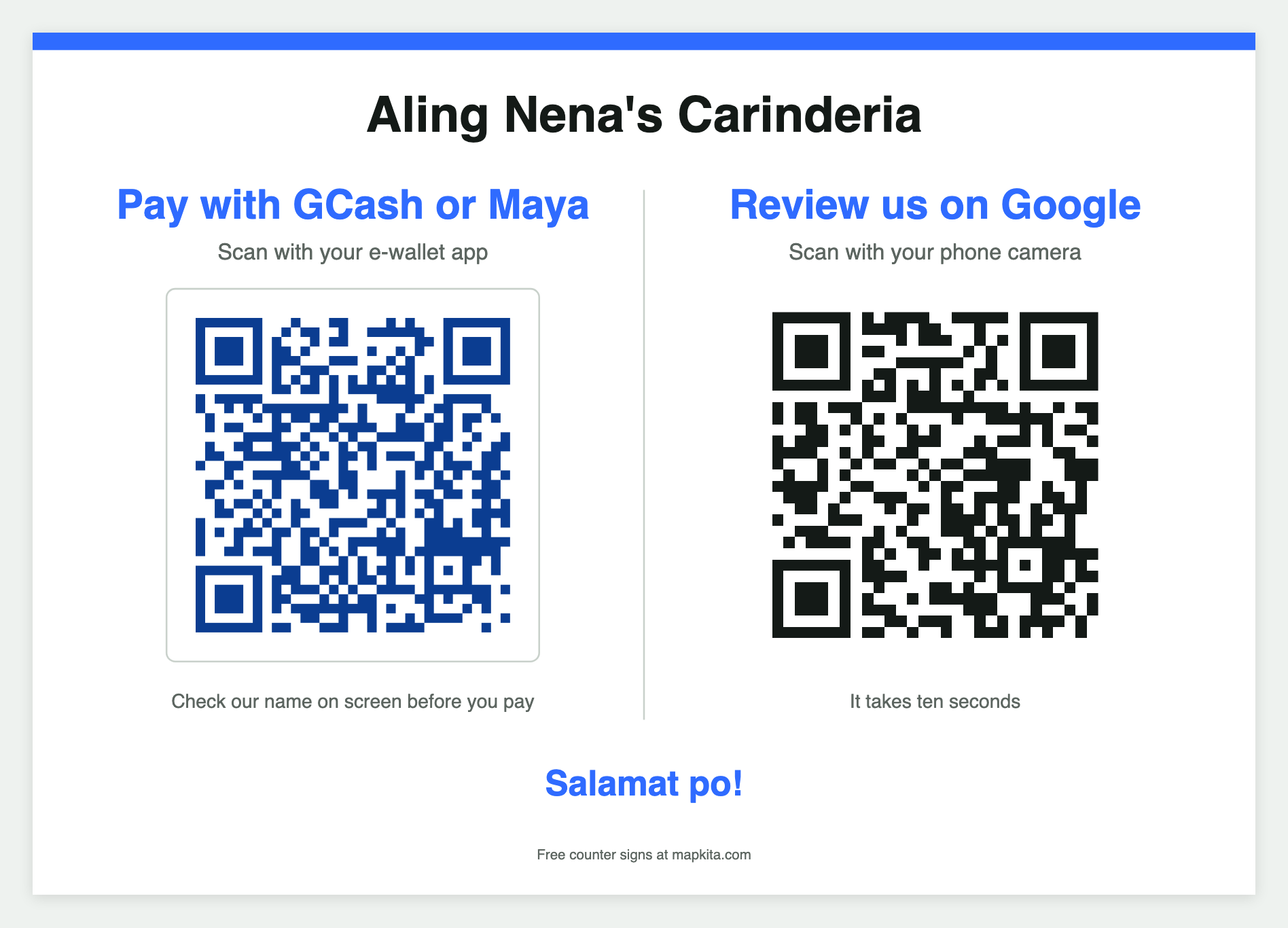 A counter sign with a payment QR on the left labelled Pay with GCash or Maya and a Google review QR on the right