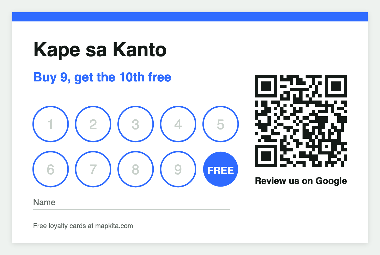 A wallet-size loyalty card: shop name, "Buy 9, get the 10th free", ten stamp circles with the last marked FREE, and a QR code